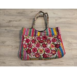 Handmade Tote Bag Embroidery Floral Pink Strip